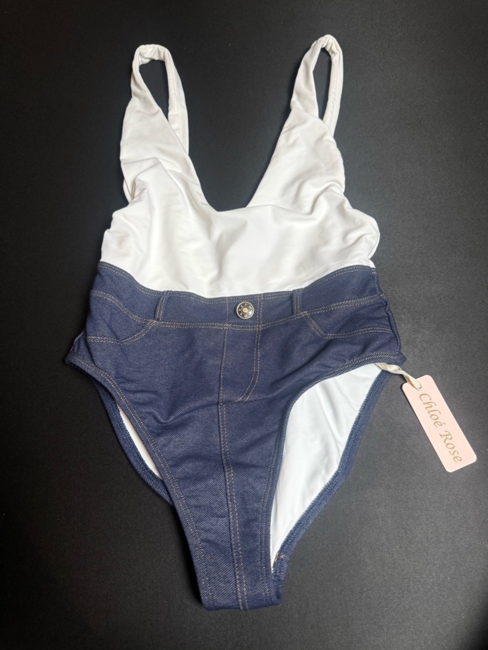Chloe Rose Two-Tone White & Navy One-Piece Swimsuit NWT